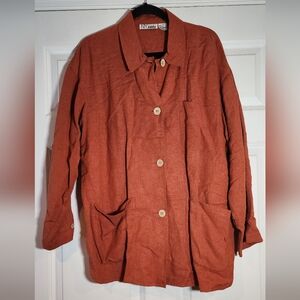 NY Sake Burnt Orange Linen Blend Button Down Shirt Size 12